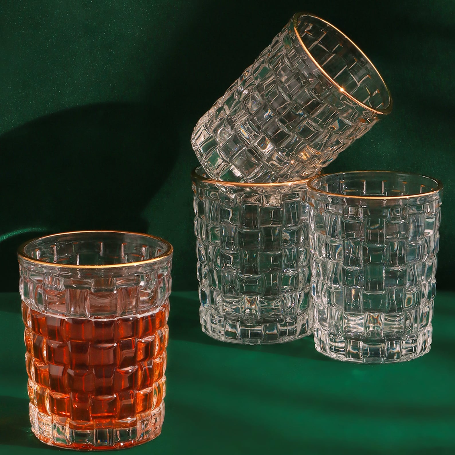 G Decor Set of 4 Dante Vintage Textured Tumbler Glasses Elegant Drinkware With Gold Rim