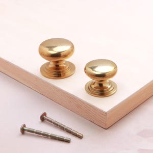 May include: Two polished brass cabinet knobs with a smooth, rounded top and a tiered circular base. The knobs feature a reflective gold-toned finish and are accompanied by two long, threaded metal screws for installation purposes.