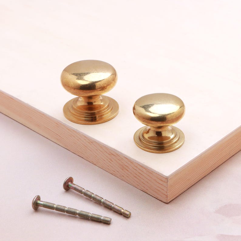May include: Two polished brass cabinet knobs with a smooth, rounded top and a tiered circular base. The knobs feature a reflective gold-toned finish and are accompanied by two long, threaded metal screws for installation purposes.