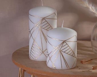 Pillar Candles, Modern White Pillar Candle with Gold Line Detail, Contemporary Candles in Two Sizes - G Decor