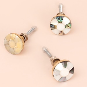 Può includere: Tre pomelli decorativi per mobili con un design rotondo a mosaico. I pomelli presentano un mix di pezzi di conchiglia bianchi, iridescenti e dorati, incastonati in una base di ottone. Ogni pomello ha una vite argentata filettata per l'installazione.