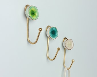 G Decor Rhodes Handmade & Handcrafted Ceramic Wall Hook Crackle Glaze with Brass Finish