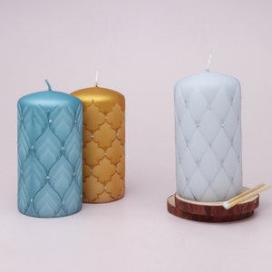 G Decor Spark Glitter Elegant Blue Gold Grey Pillar Candle