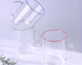Glass Coffee Mug with Twisted Rim, Set of Clear Glass Tea Cups in Red Blue Green, Handmade Glassware Mug, Coffee Lover Gift