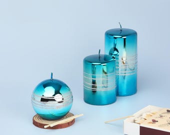 G Decor Roselane Mirror Glass Effect Limited Edition Hand-Finished Silver Stripe Glitter Pillar Candle – Oceanic Blue