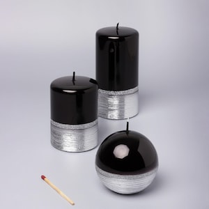 G Decor Mirror Glass Effect Limited Edition Hand-Finished Two-Tone Black Onyx Silver Pillar & Ball Candles