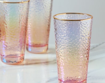 G Decor Set Of 4 Lustre Amber Pearl Hammered Textured Highball Tumbler Drinking Glasses