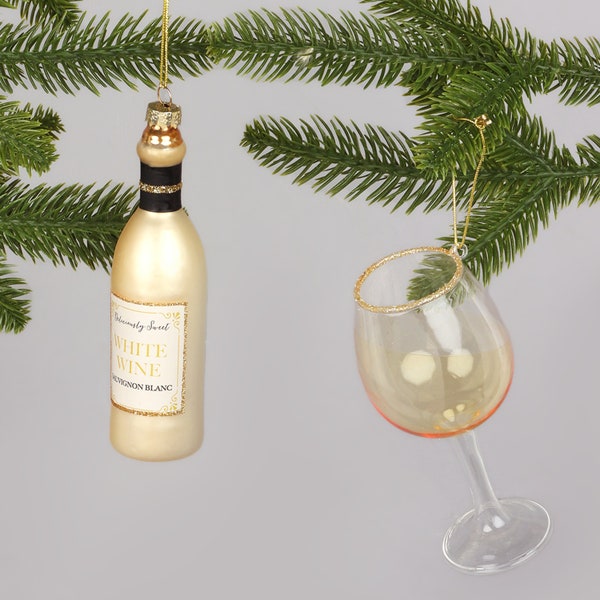 G Decor Set of Large White Wine Bottle and Glass Christmas Tree Ornaments