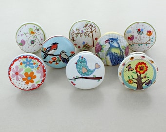 Set mit 8 handbemalten Keramik-Schubladenknöpfen, Vogelmotive, Schrankgriffe