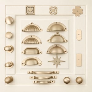 May include: A collection of matte gold cabinet hardware arranged on a white panel. The set includes various circular knobs, semi-circular cup pulls, horizontal bar handles, and decorative geometric shapes including a star and square patterns.