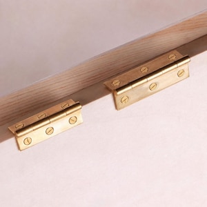 May include: Two rectangular brass hinges with a metallic gold finish, each featuring three circular screw holes with flathead screws installed. The hinges are mounted onto a light-colored wooden surface, showing the hinge plates and barrels.