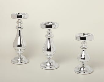 Silver Pillar Candle Holders Set of 3, Hand Blown Glass Candlesticks, Christmas Table Centrepiece
