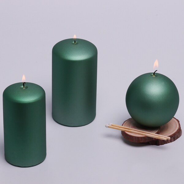 G Decor Grace Forest Green Vaished Shimmer Metallic Shine Pillar Candle