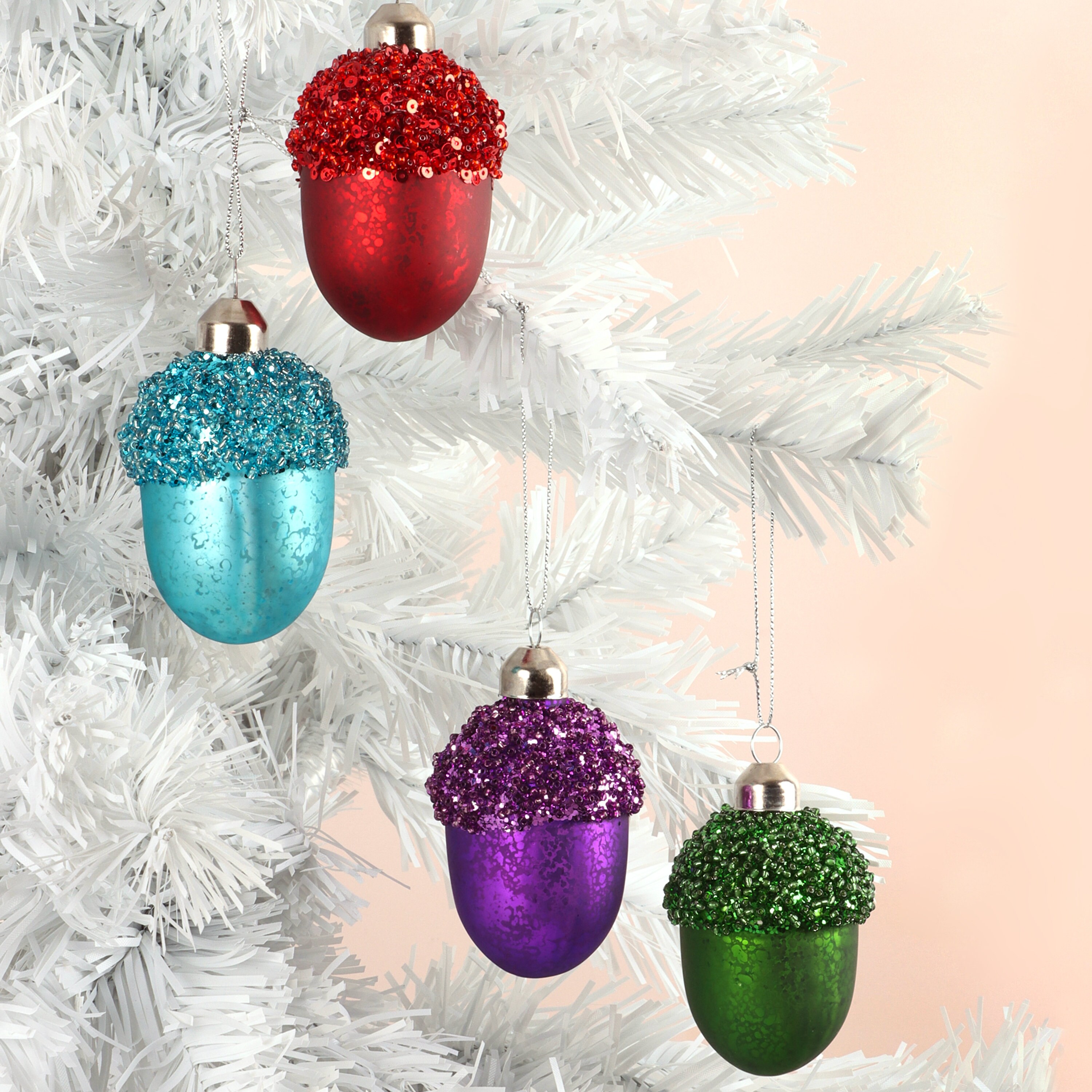 G Decor Glass Sparkle Acorn Christmas Tree Decoration Festive Baubles in Red, Blue, Purple or Green