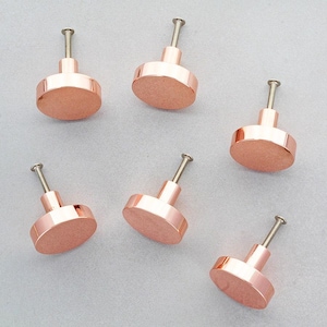 May include: Five rose gold cabinet knobs with a circular design and a screw post. The knobs are arranged on a light gray surface. The knobs have a shiny, metallic finish, and are suitable for furniture hardware.