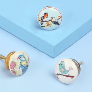 Könnte beinhalten: Drei dekorative Keramik-Schrankknöpfe mit Vogelmotiven. Ein Knopf zeigt zwei Vögel auf einem Ast, ein anderer einen blau-gelben Vogel und der dritte einen türkisfarbenen Vogel auf einem Ast. Jeder Knopf hat eine Metallschraube.