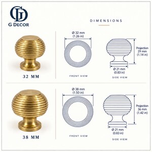 May include: Two gold-toned brass cabinet knobs with a ribbed, circular design. The image displays technical diagrams with dimensions in millimetres and inches, showing a 32 mm (1.26 in) knob and a 38 mm (1.50 in) knob, including front and side views.