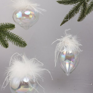 G Decor Pearlescent Glass Christmas Tree Ornaments with White Feather Detail, Elegant Hanging Baubles