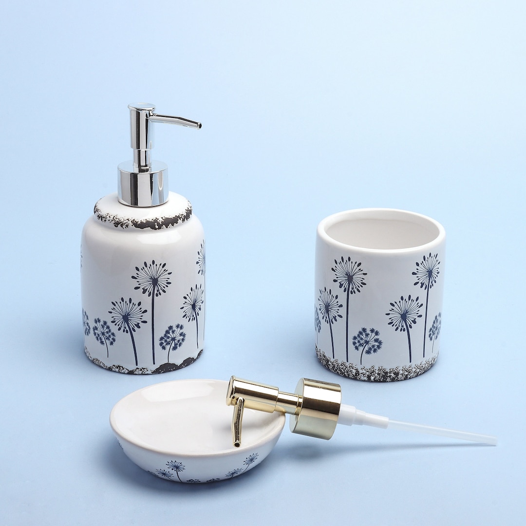 G Decor White and Blue Ceramic Bath Accessory Set Etsy