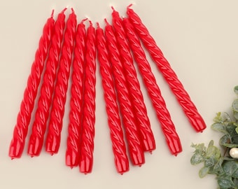 Red Twisted Taper Candles, Pack of 10 or 20, Spiral Dinner Candlesticks, Christmas Table