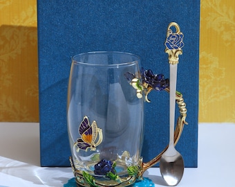 G Decor Royal Blue Handcrafted Rose Gift Set Glass Mug with Spoon & Coaster in Elegant Gift Box