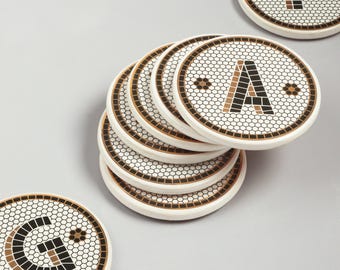 Monogram Coaster, British Pub Tile Drinks Coaster, Black & Gold Initial Coaster, Sold Individually - G Decor