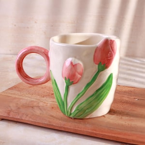 G Decor Handmade & Hand-Painted Tulip And Hearts Mug Collection Ceramic Tea Or Coffee Cups Tulip