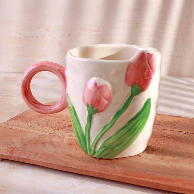 G Decor Handmade & Hand-Painted Tulip And Hearts Mug Collection Ceramic Tea Or Coffee Cups Tulip