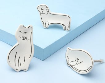 Kids Drawer Knobs, Sleepy Cat & Loyal Pup Ceramic Cabinet Knobs, Nursery Cupboard Door Knobs, Animal Dresser Knobs - G Decor