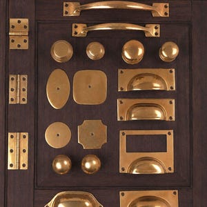 Build Your Own Satin Brass Cabinet Set, Knobs Cup Pulls Backplates Hinges, Solid Kitchen Cupboard Hardware