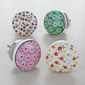 Può includere: Quattro pomelli rotondi in ceramica per mobili con motivi floreali. I pomelli presentano disegni in verde, rosa, bianco e un mix di colori. Ogni pomello ha una base in metallo argentato e una vite per una facile installazione. Questi pomelli sono perfetti.
