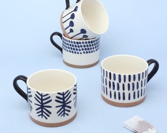 G Decor Milo Set of 4 Handcrafted Ceramic Mugs Large Cups with Blue Brushstroke Design