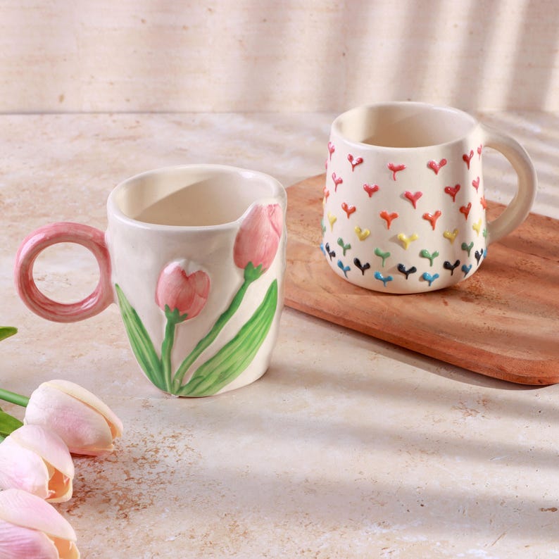 G Decor Handmade & Hand-Painted Tulip And Hearts Mug Collection Ceramic Tea Or Coffee Cups image 2