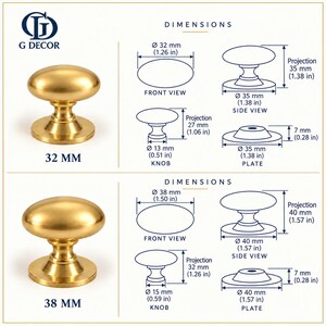 Oval brass cabinet knob on rose, size drawing: 32 mm knob on a 35 mm rose, 35 mm projection; 38 mm knob on a 40 mm rose, 40 mm projection; rose 7 mm deep