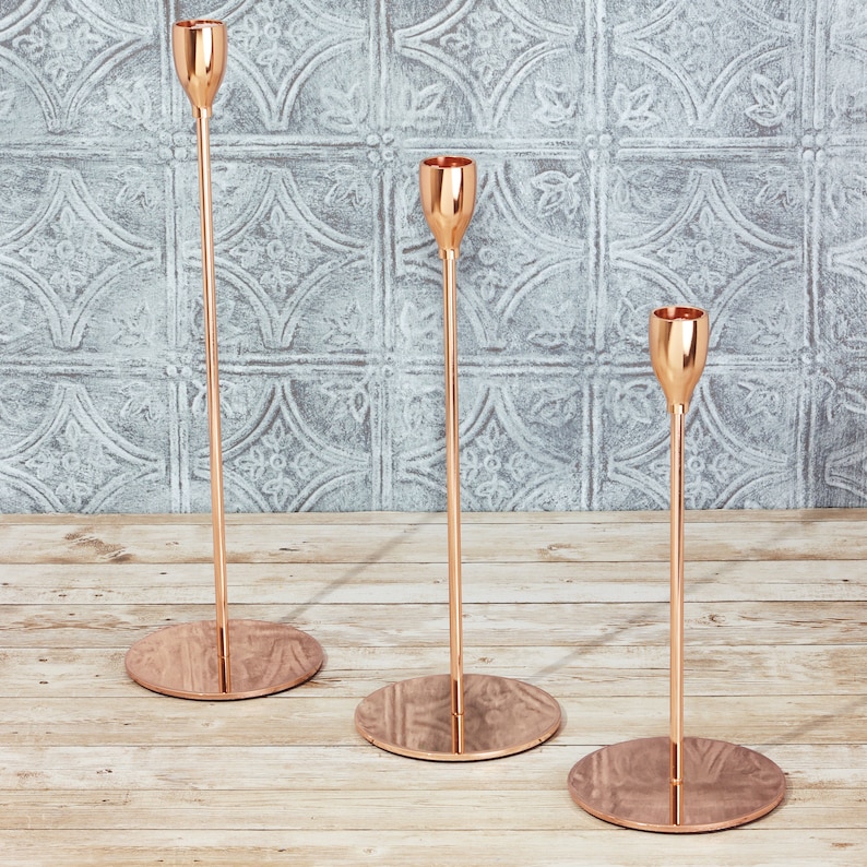 G Decor Set Of 3 Aldwin Copper Rose Gold Brass Metal Classic Dinner Candlesticks Taper Church Candle Holders image 2
