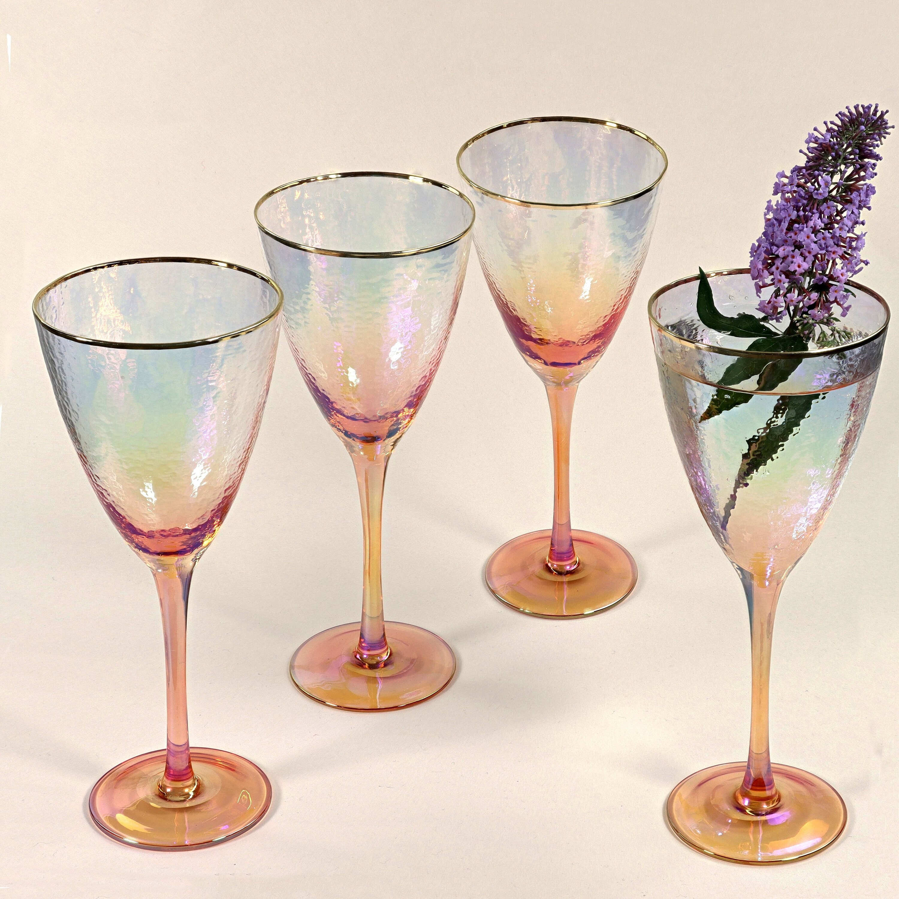 G Décor Set de Four Lustre Amber Pearl Hammered Textured Wine Drinking Glasses