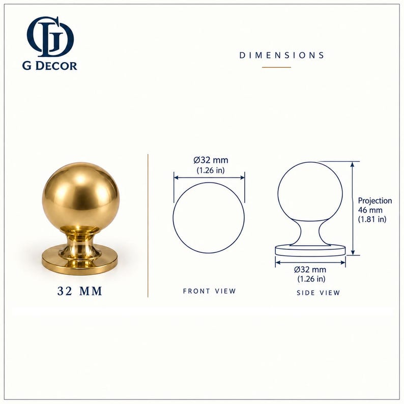 May include: A polished gold-tone spherical cabinet knob with a circular base. The technical diagram shows a diameter of 32 mm and a projection of 46 mm. The G Decor logo is visible in the top left corner with the text 32 MM below the knob.