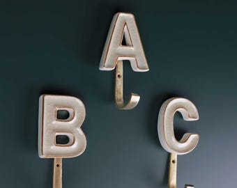 G Decor Personalised Handcrafted Monogram Alphabet Cream Crackle Glazed Hooks Hand-Painted Ceramic & Antique Finish Brass Letter Wall Hooks
