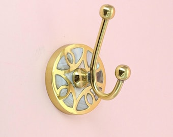 Wall Mounted Hooks, Elizabeth Mother of Pearl Double Coat Hook, Petal Inlay Brass Towel Hooks - G Decor
