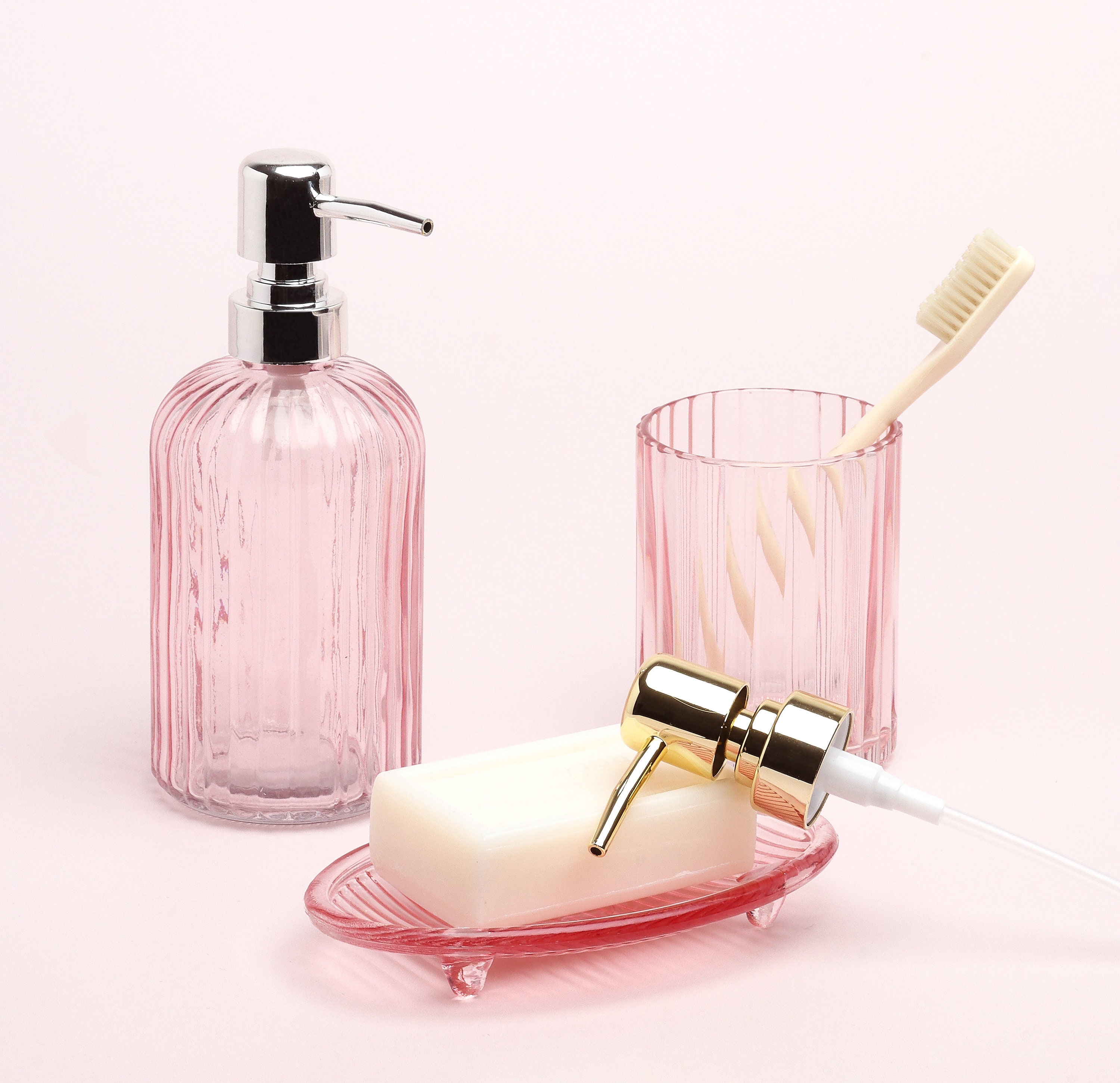 G Decor 3 Piece Vienna Pink Glass Bathroom Set Soap Dispenser Etsy