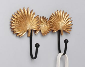 Wall Mounted Hooks, Soleil Palm Duo Golden Tropical Leaf Coat Hook, Double Towel Hooks, Hallway Wall Hooks - G Decor
