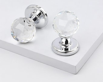 Glass Door Knobs Pair, Crystal Door Knob Set with Latch, Interior Door Knobs, Clear Cut Glass Knobs, Chrome Base, Complete Door Handles