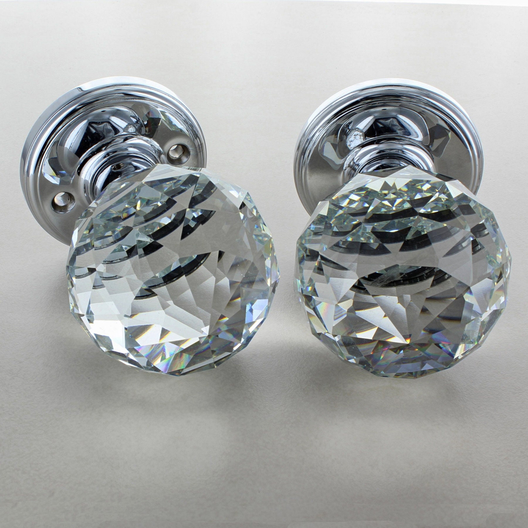 Pair of Solid Round Crystal Cut Faceted Clear Glass Mortice Door Knobs Chrome 