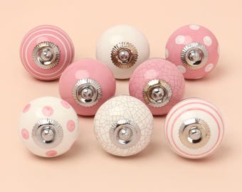G Decor Set of 8 Pink White Ceramic Door Knobs Drawer Knobs Cupboard Knobs