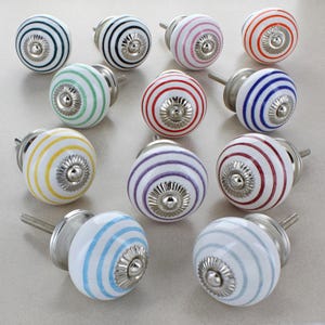 G Decor Handcrafted & Handpainted Striped Ceramic Door Knobs White Base Cupboard Pull Handles