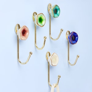 G Decor Tiffity Handmade & Hand-Painted Ceramic Wall Hook Crackle Glaze with Brass Detail