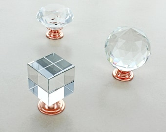 Rose Gold Copper Crystal Glass Drawer Pulls, Kitchen Cabinet Knobs, Bedroom Hardware