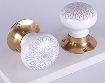 Zestaw ręcznie wykonanych ceramicznych klamek do drzwi z wpuszczanym otworem, gałki do drzwi wewnętrznych do sypialni i pokoi z wykończeniem z litego mosiądzu