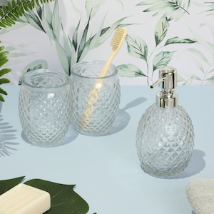 Set da bagno con dispenser di sapone, in vetro trasparente, 3 pezzi, G Decor Florence Diamond