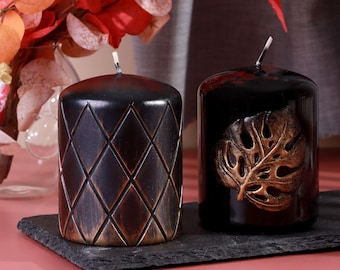 Pillar Candles, Gold Lattice Noir & Bronze Monstera Relief Hand-Finished Pillar Candle, Decorative Candles - G Decor